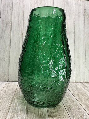 Vtg Green Hammered Glass Style Vase 9.5" Tall MCM Home Decor Transparent Look